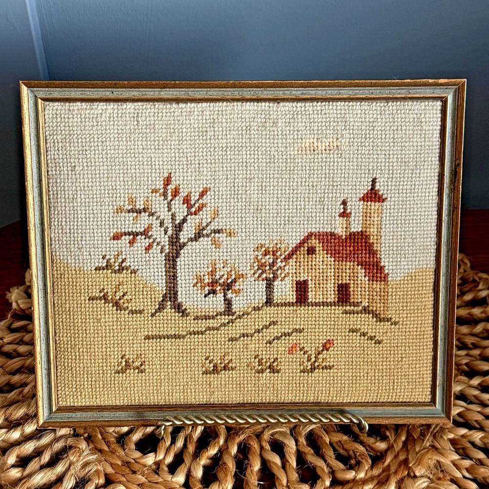 Vintage Framed Needlepoint European Village Scene | French‎ Country Cottage Wall